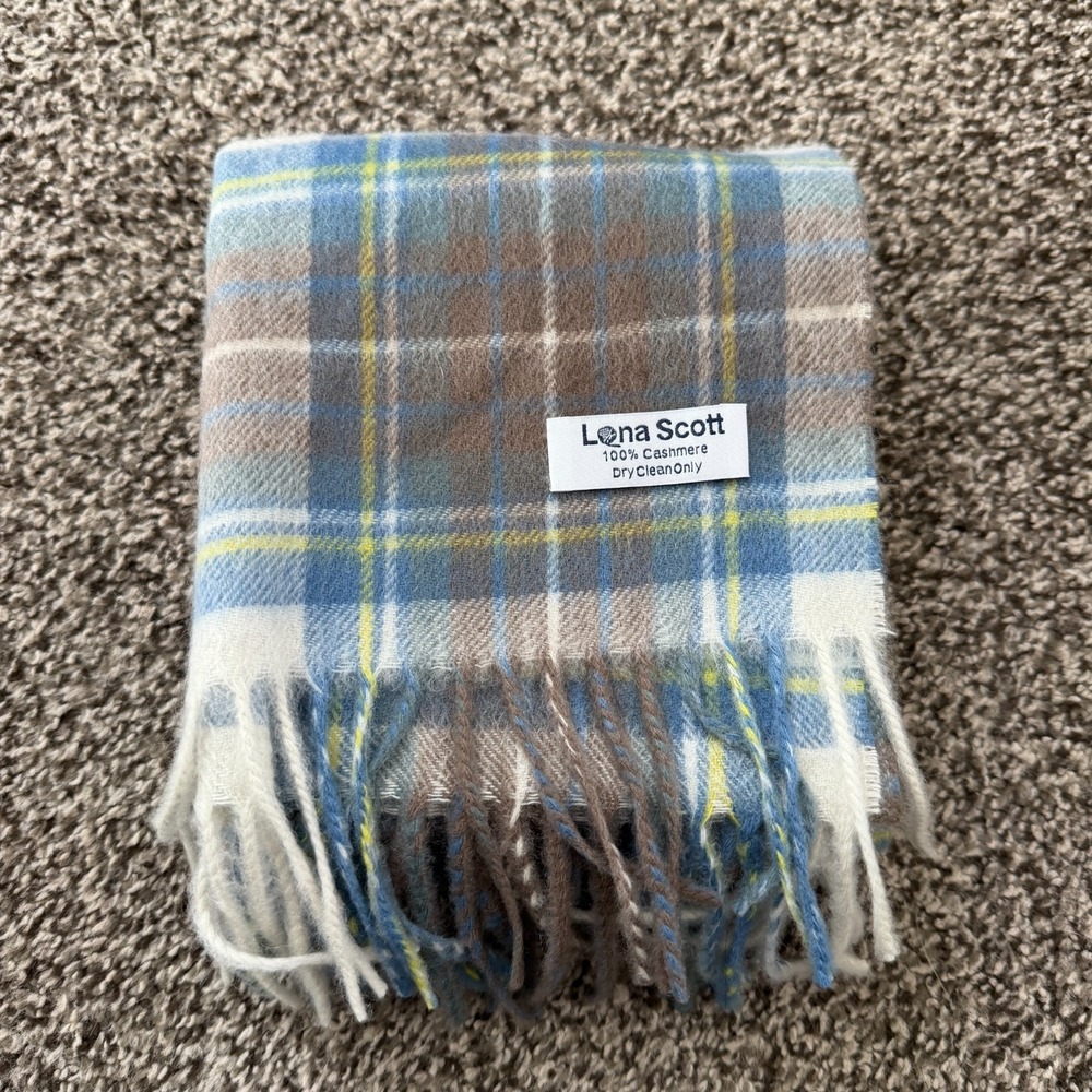 Lona Scott 100% Cashmere Scraf Blue White Tartan Fringe Quiet Luxury Minimalist